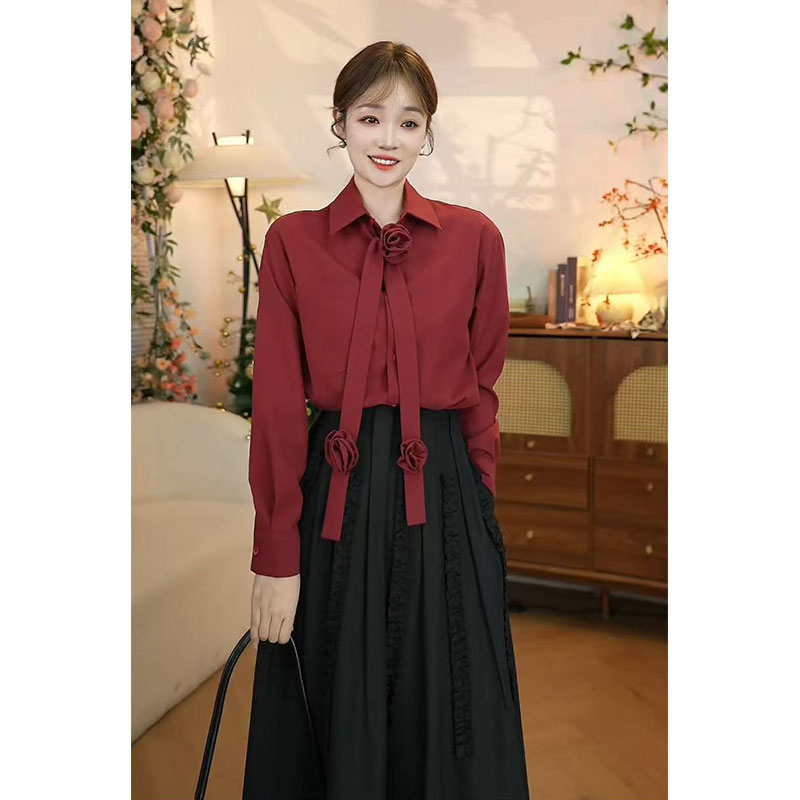 【红色花朵小众款长袖衬衫】气质减龄显瘦时尚百搭款套装磨毛衬衫女