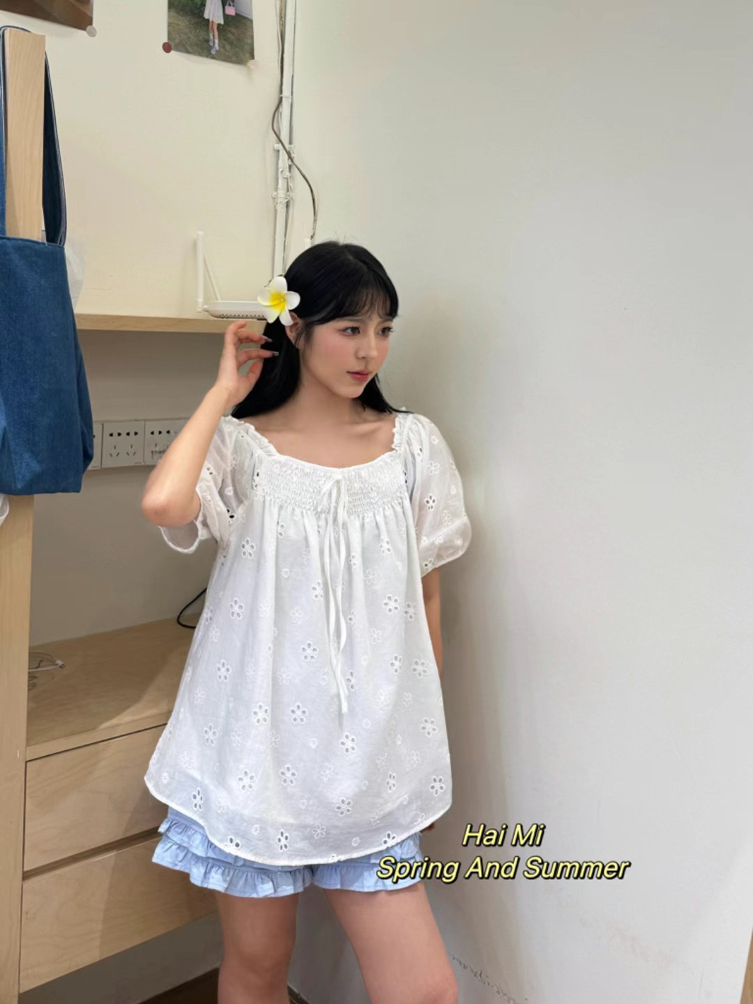 8618大码夏季蓝色短袖镂空上衣