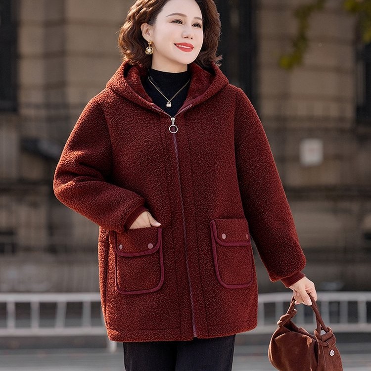 冬季中老年妈妈上衣连帽加绒加厚颗粒绒羊羔绒保暖外套拉链棉衣袄