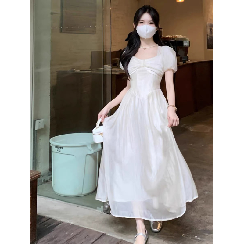 泡泡袖连衣裙女夏季法式长款小个子方领收腰气质仙女裙子超仙森