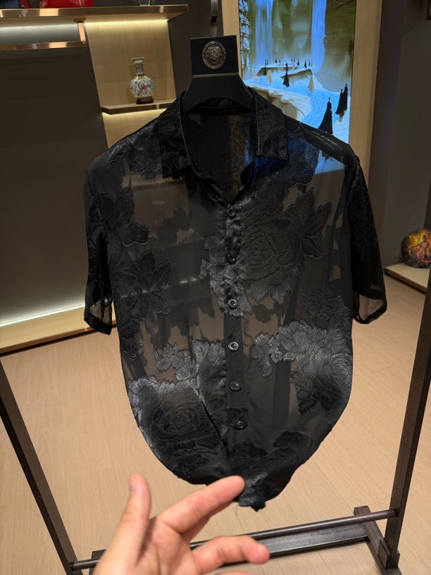 夏季男款国风冰丝提花时尚翻领短袖速干衬衫外搭