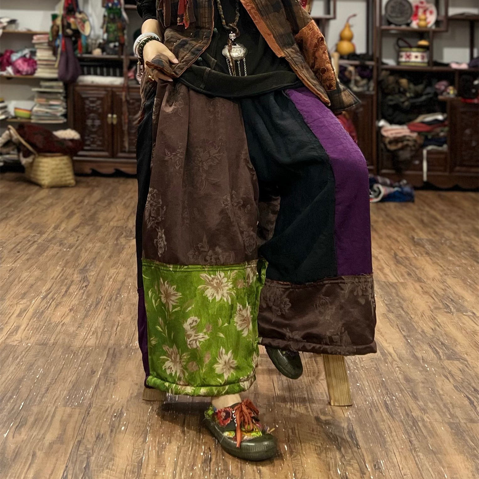 sx新中式油丝拼接花萝夹棉阔腿裤冬季新国风色块拼接压缩棉棉裤女