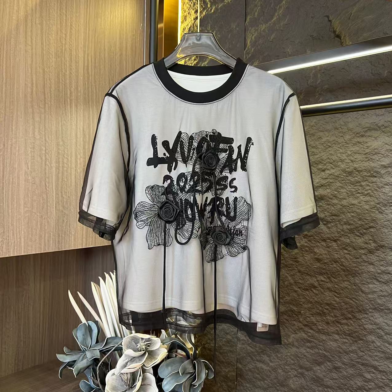 （果果专属）极简字母短款常规拼接短袖T恤潮流休闲穿搭A441