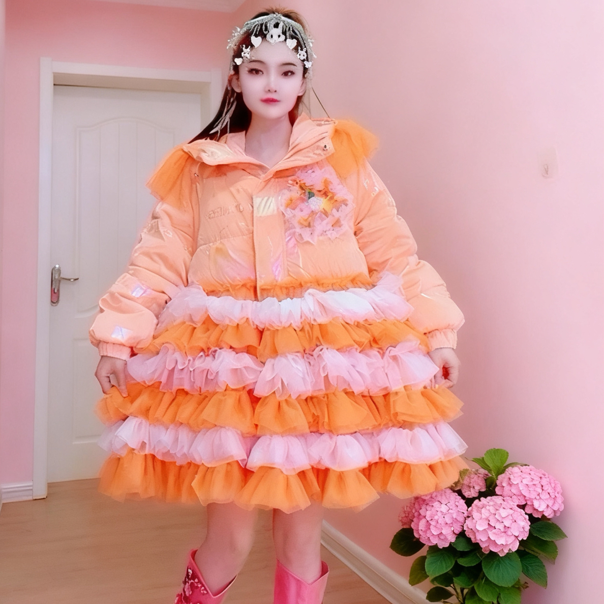 【面条仙仙】3627#冬季新款保暖连帽外套蓬蓬连衣裙