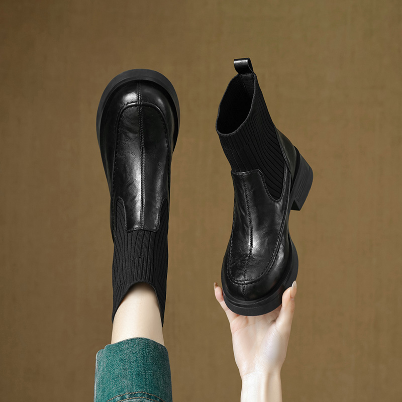 2025秋冬新款时尚百搭厚底针织毛线弹力瘦瘦靴软底复古短靴371R