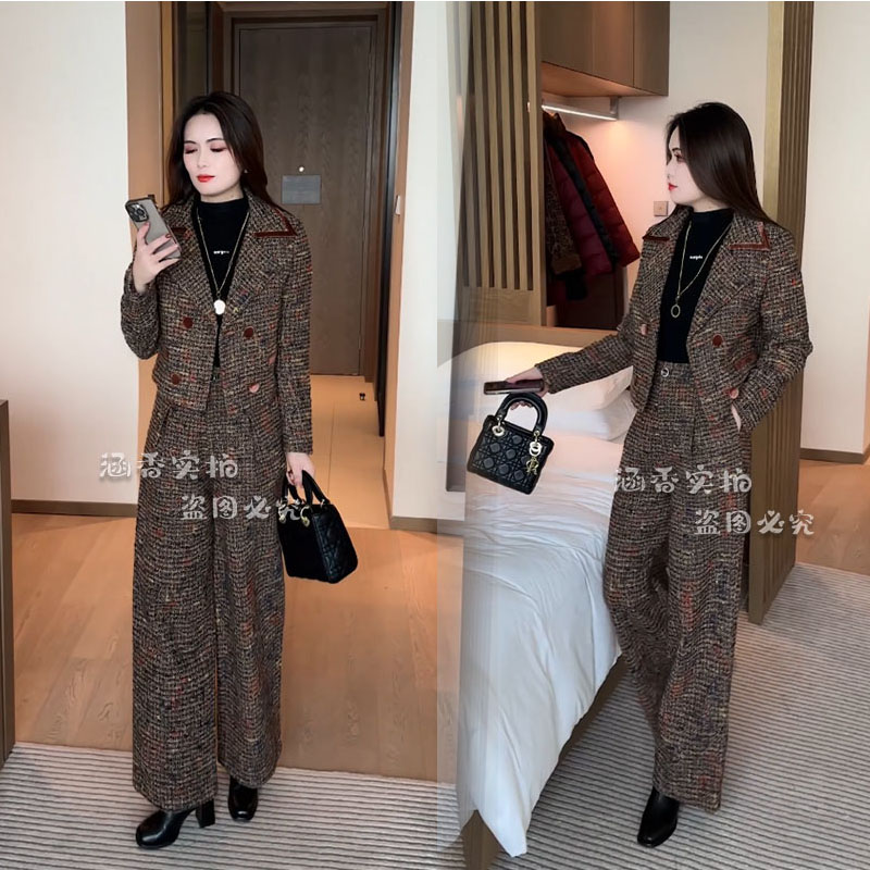 2025秋冬夹棉新款咖色套装外套显瘦洋气时尚套装066