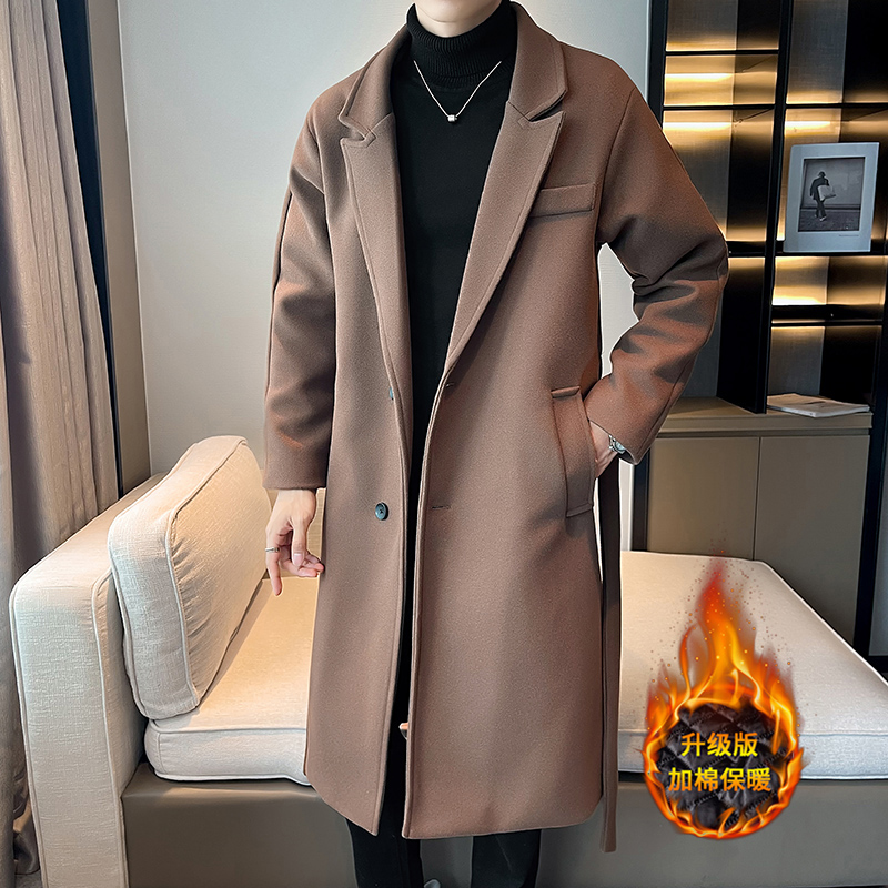 【带腰带】毛呢大衣男中长款风衣冬季加厚棉衣大码胖子休闲呢子外套