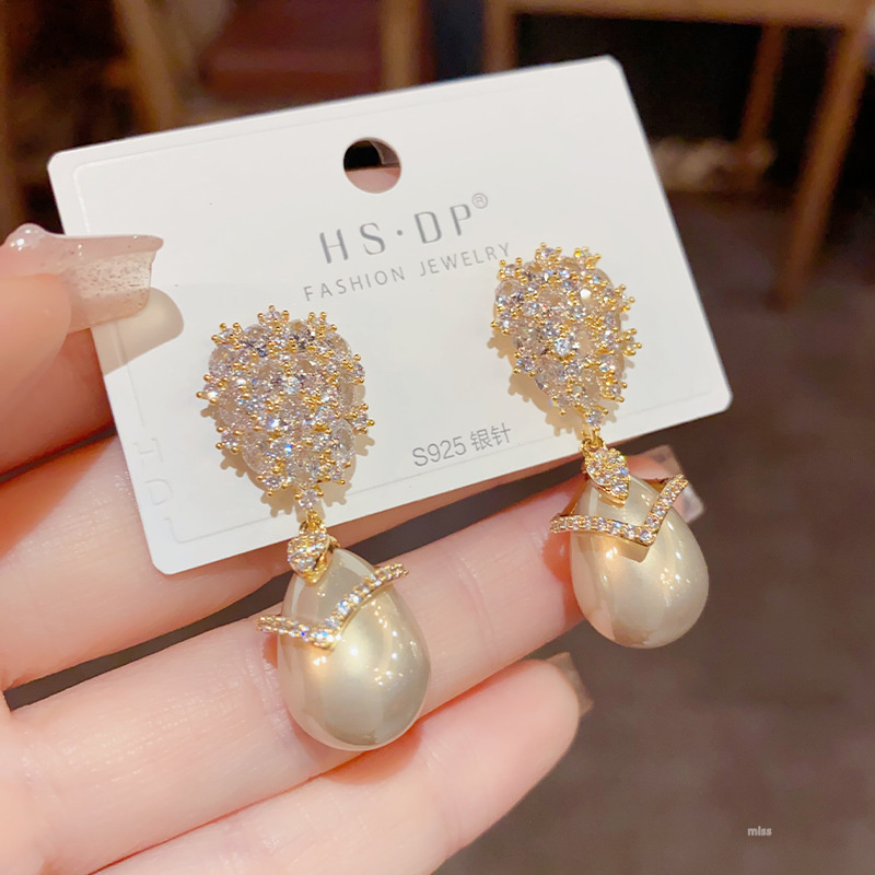 铜合金锆石耳饰 法式复古女款香槟色锆石耳坠名媛气质铜合金925银