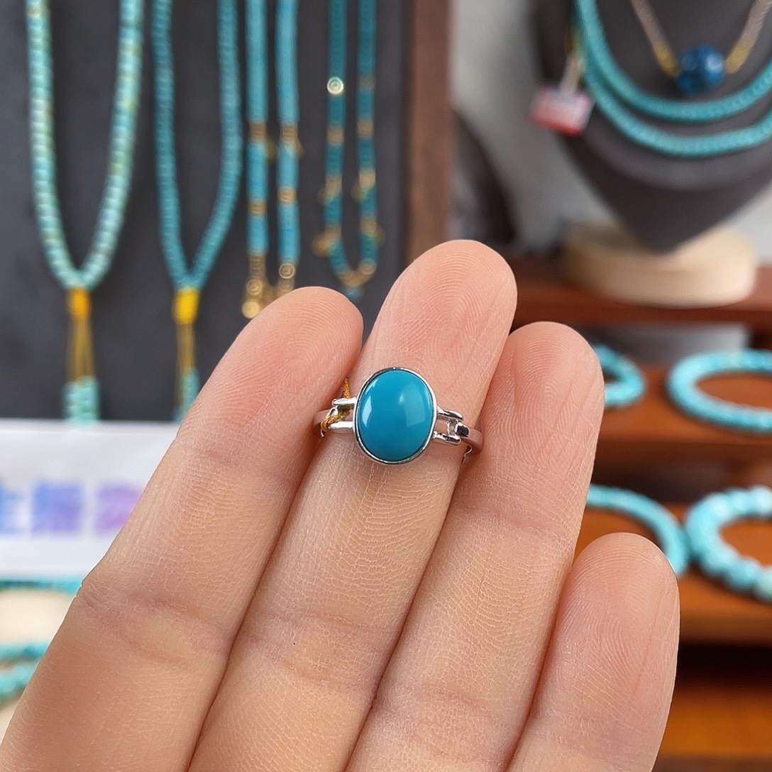 绿松石银S925镶嵌戒指高瓷蓝玉化银戒指2.17克