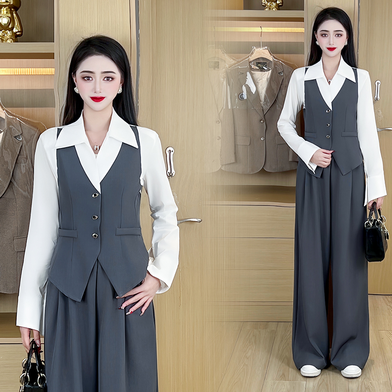 2025春季新款时髦上班通勤套装POLO领衬衫马甲西裤三件套女DY237