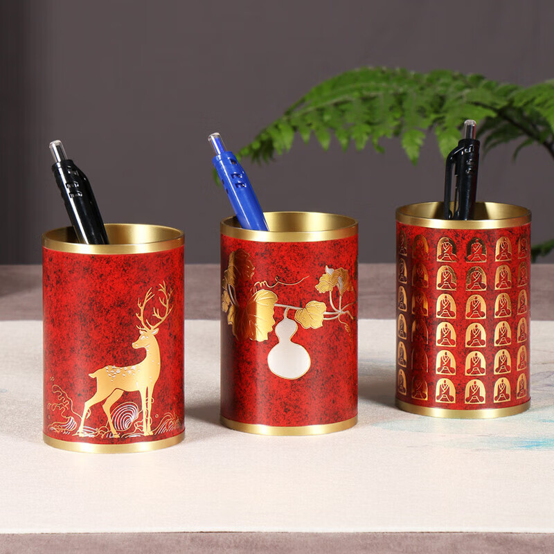 王朝记忆中式文创笔筒摆件黄铜笔筒高颜值桌面办公桌收纳筒圆形艺
