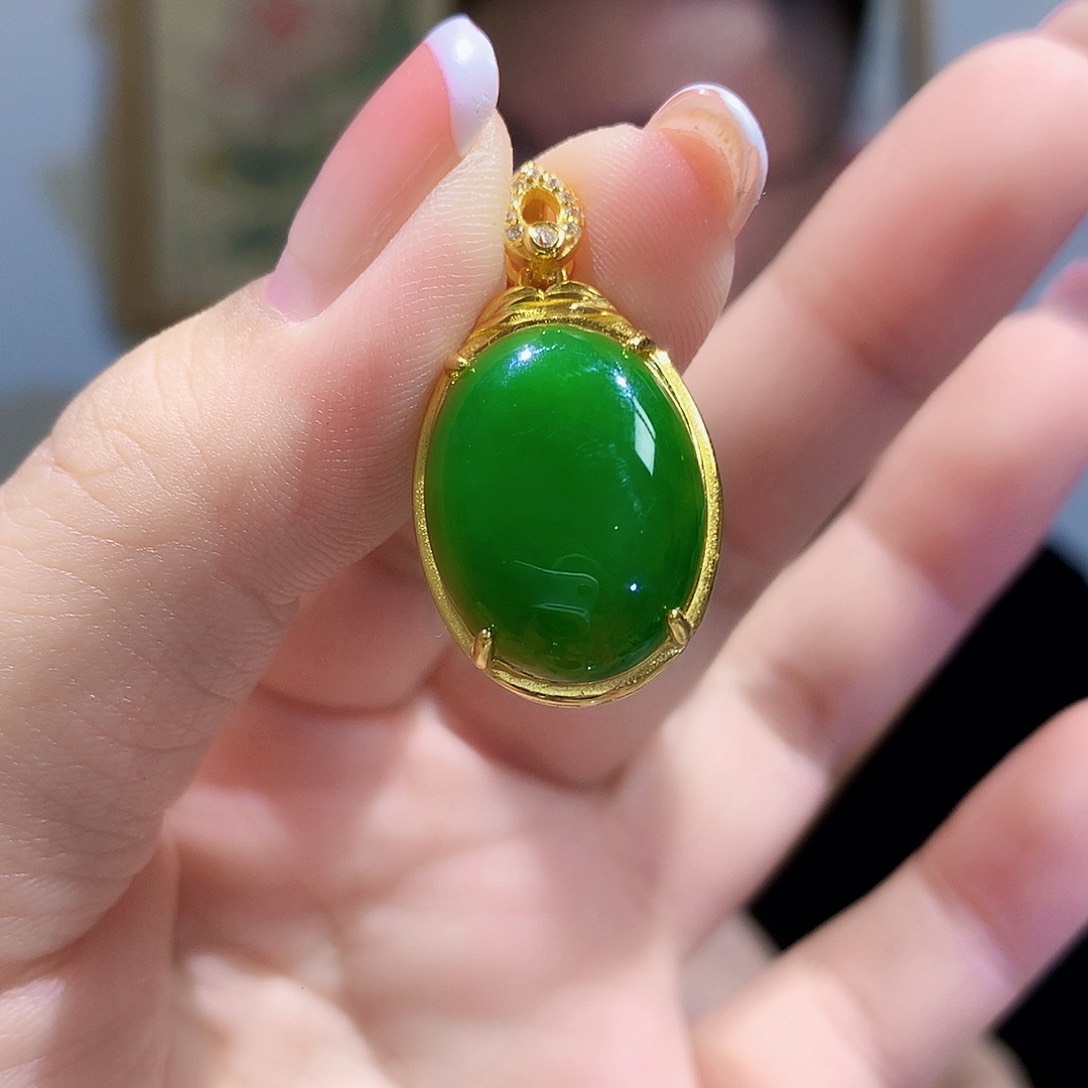 和田玉（碧玉）颈饰银S925镀金镶嵌