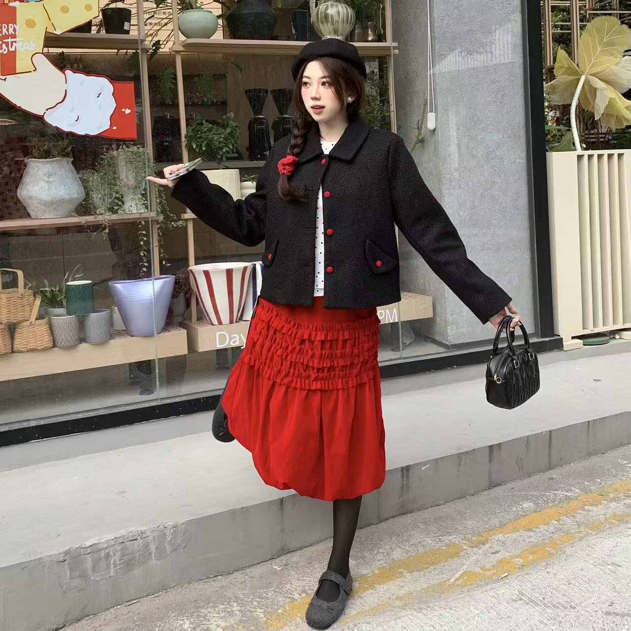 高级感气质连衣裙子女2025秋冬新款小个子短外套高腰花苞裙三件套