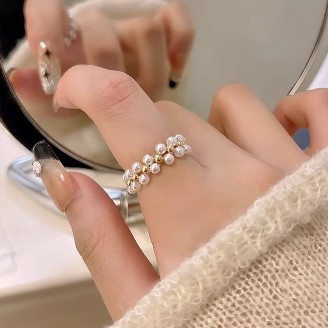 铜合金仿珍珠戒指 双排珍珠戒指女轻奢小众设计高级感开口戒简约