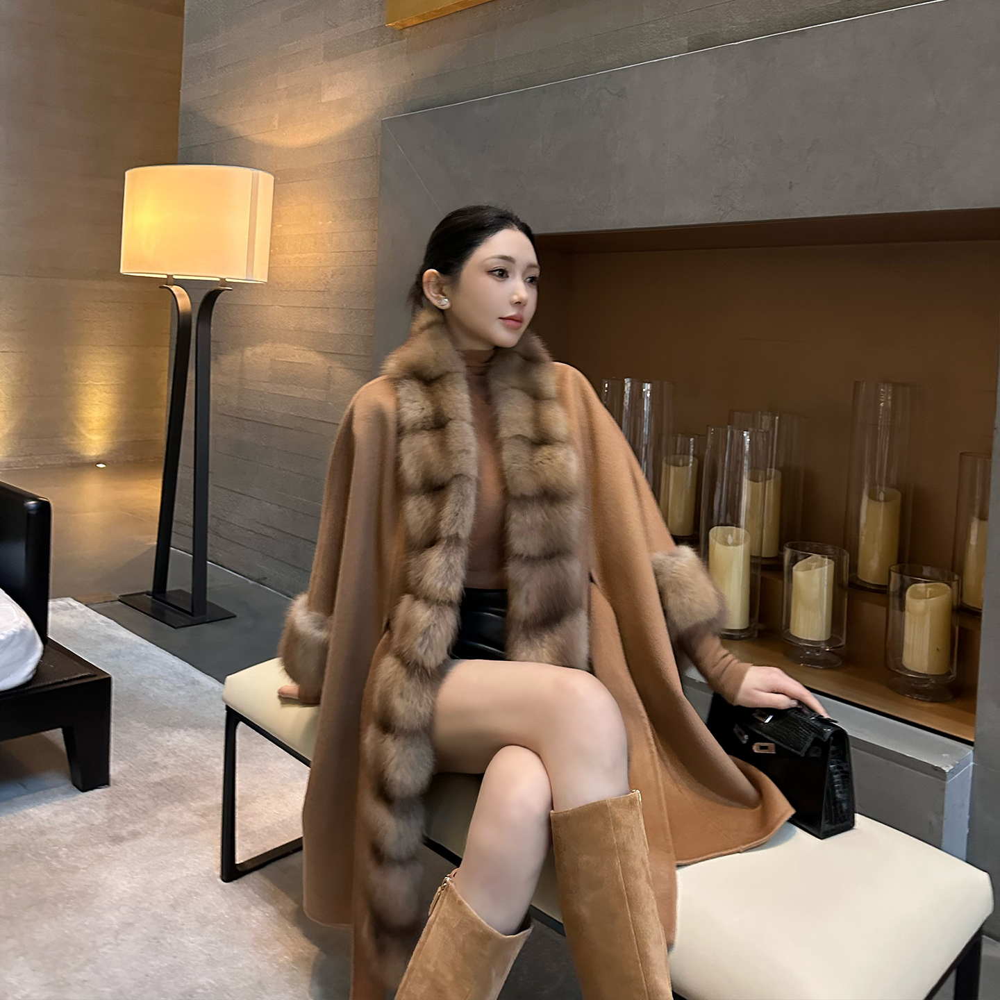 SX善喜高级显贵貂毛领100%山羊绒双面呢皮草大衣宽松系腰外套