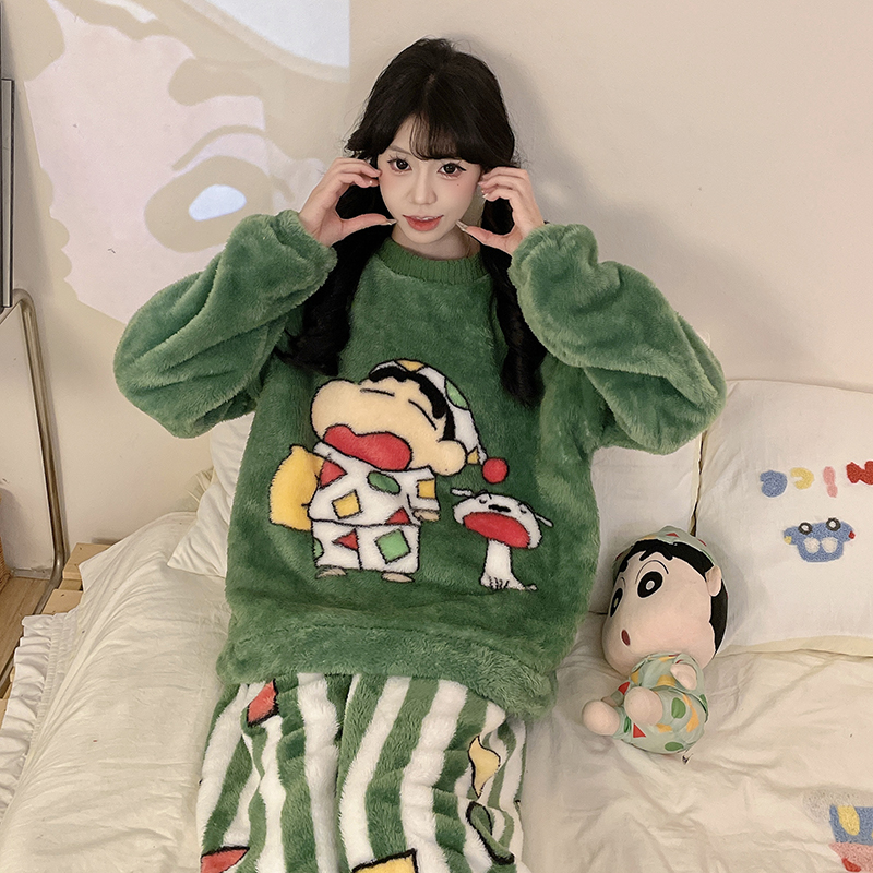 冬季新款小新和小白珊瑚绒睡衣女加绒加厚高级舒适家居服可外穿