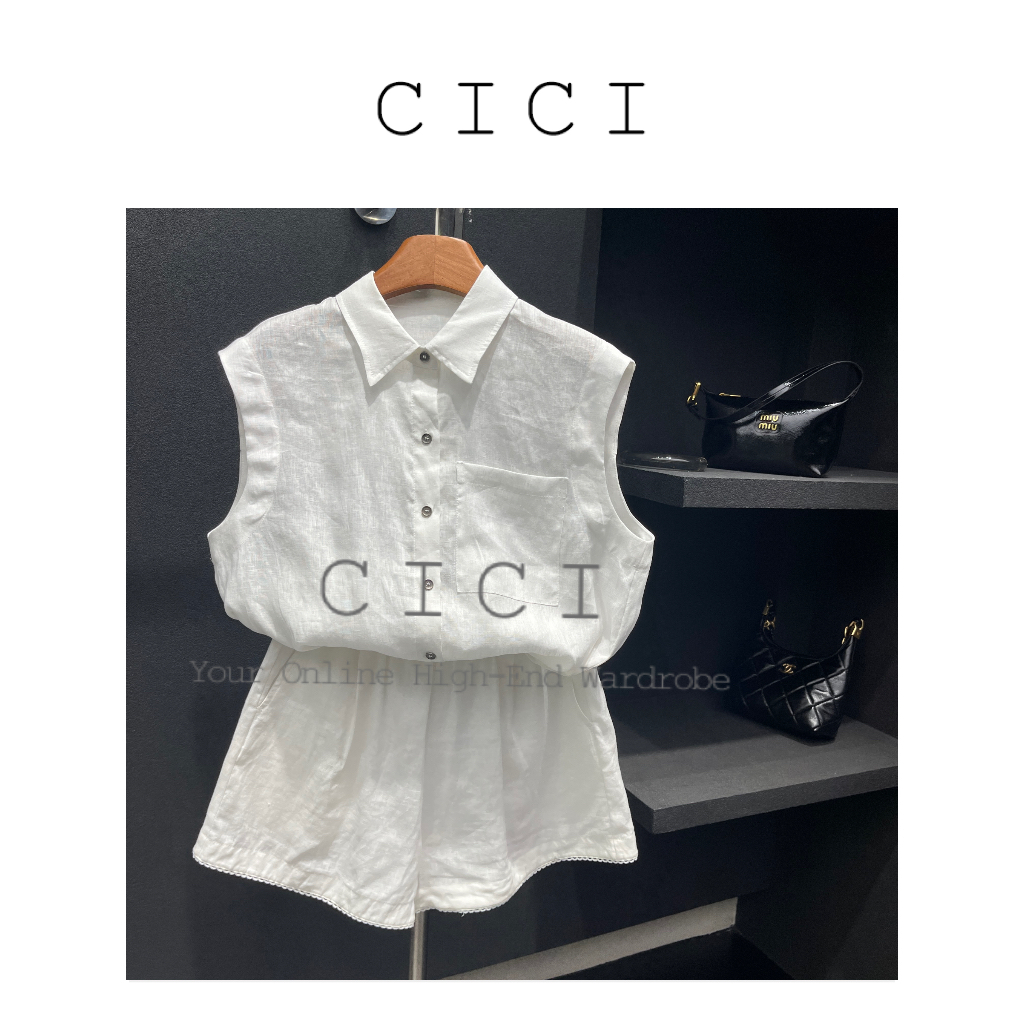 CiCIStudio 亚麻翻领无袖新款套装DYQQ-25-H1C607