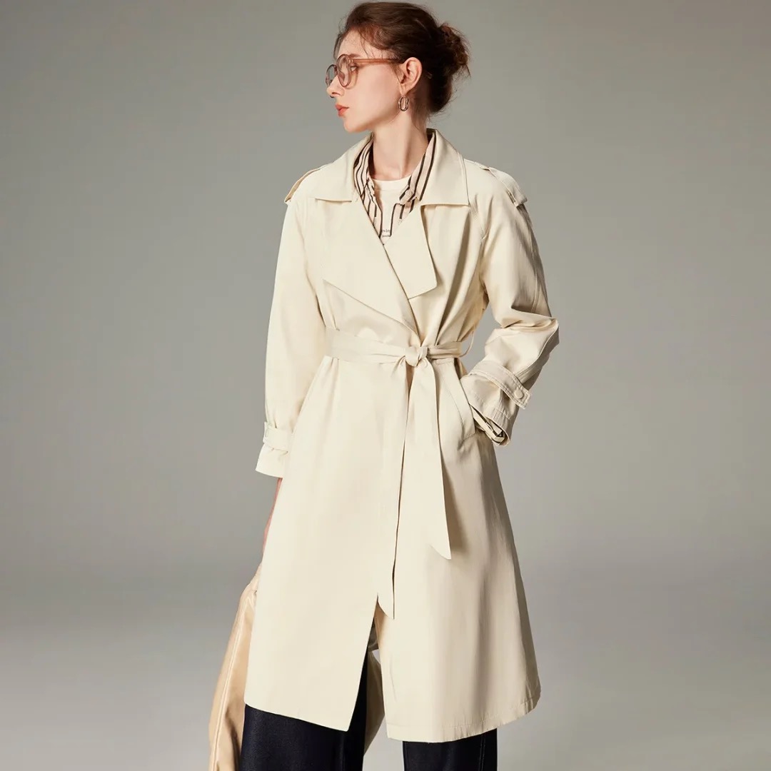 JIRUIMAN/吉瑞曼春秋时尚翻领气质中长款系腰带休闲女式风衣YF209