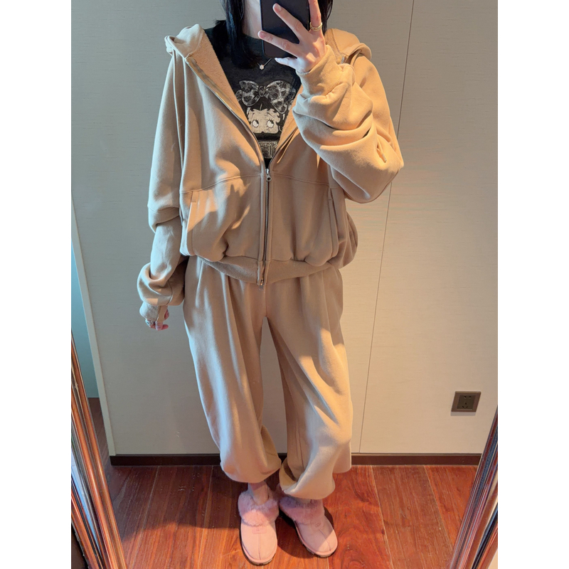 【张静芝】韩国新品~秋冬厚实加绒连帽卫衣外套+松紧腰休闲裤套装