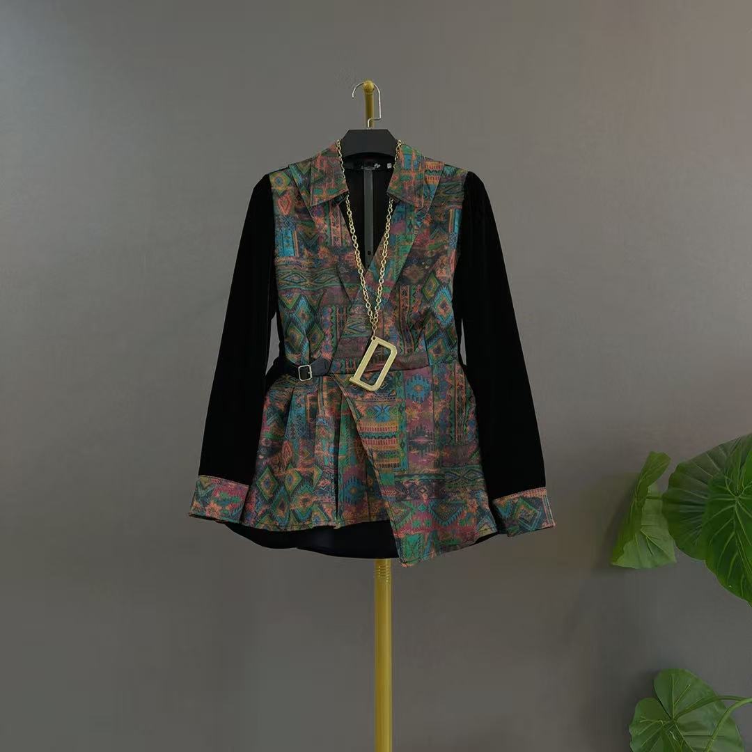 平驳领丝绒宽松型斜襟拼接盘扣休闲上衣大码复古印图设计丝绒衫