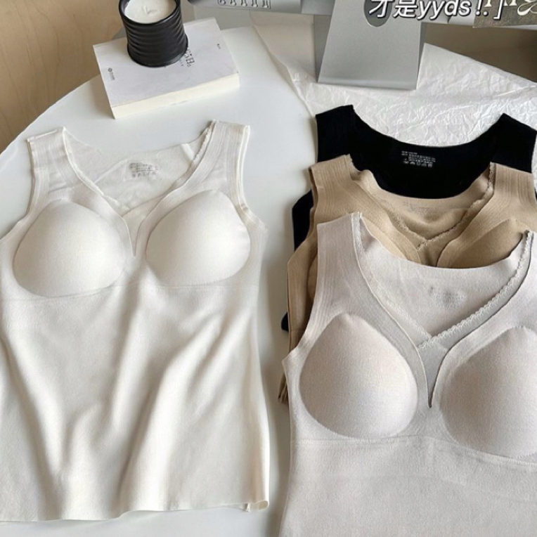 6024秋冬椰油润养女士蕾丝磨毛V领带胸垫保暖背心内搭上衣