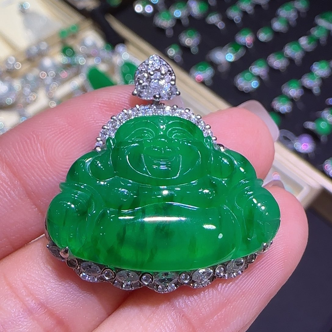 翡翠吊坠(不含链)18K金镶嵌佛公