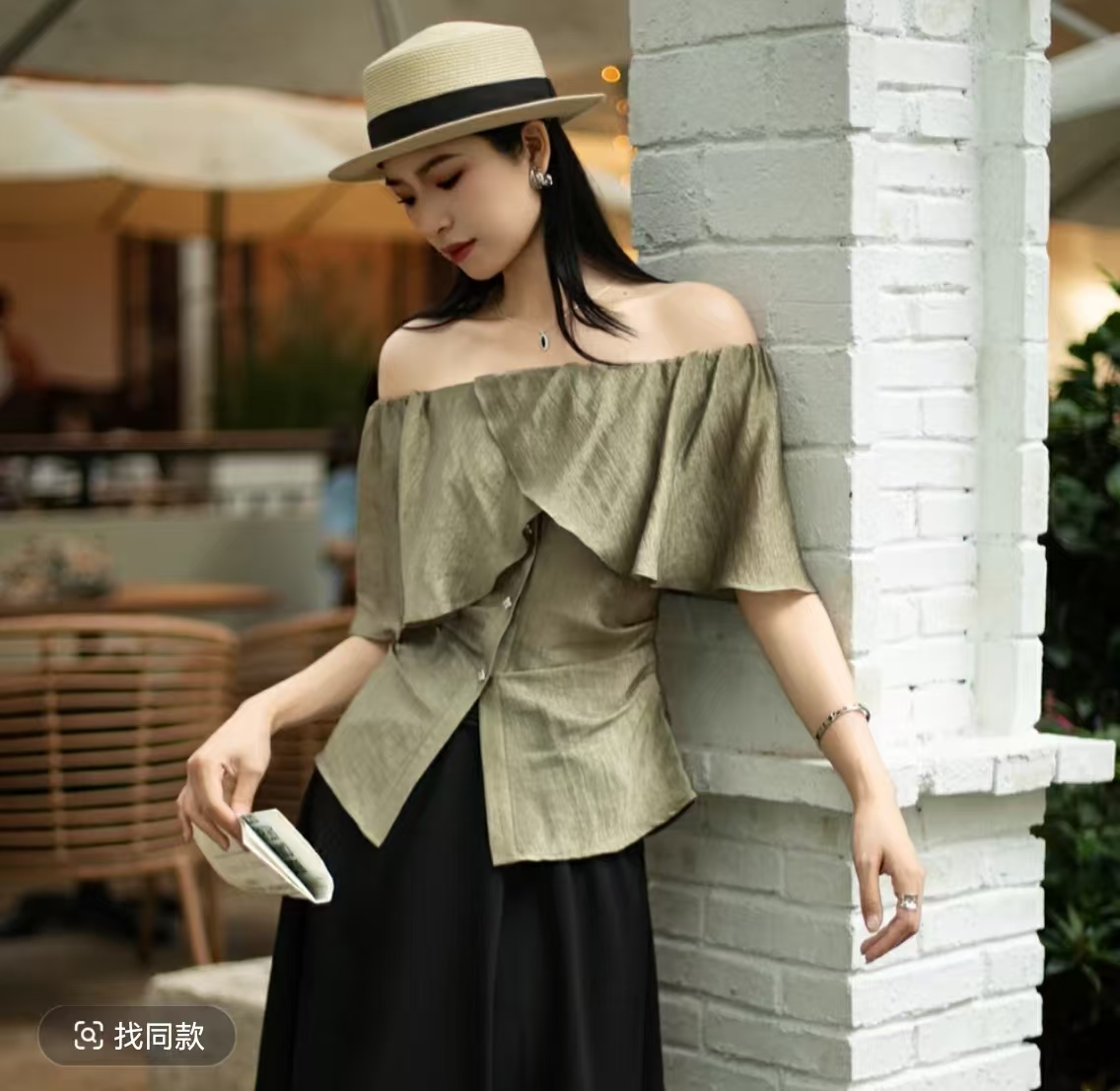 AUGNINE 定格优雅 一字肩进口醋酸收腰两色褶皱衬衣