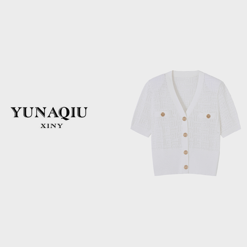 时尚轻奢白色气质镂空春夏女士短款针织开衫短袖-3067