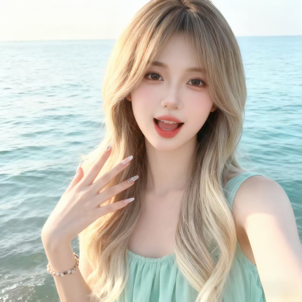 假发女八字中分刘海自然卷渐变浅金亚麻色长卷发全头套