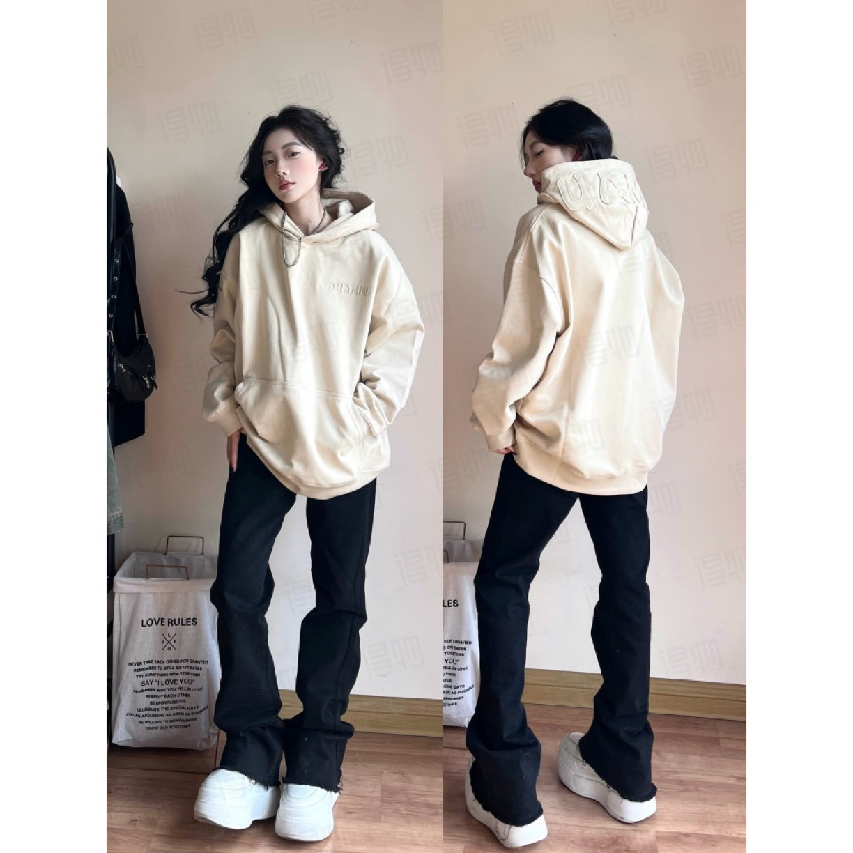 Duamin 帽子贴布刺绣cleanfit上衣连帽休闲长袖卫衣 男女同款