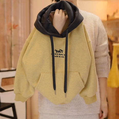 【美琪】2025冬季新款连帽时尚撞色上衣宽松休闲洋气加绒加厚卫衣