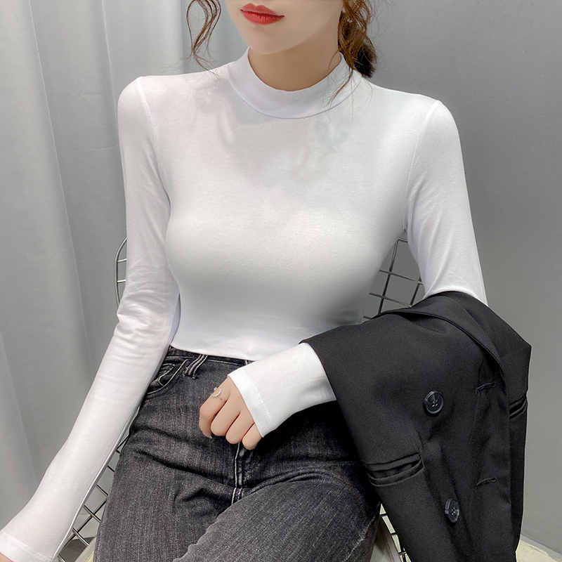 白色半高领打底衫女2025秋冬内搭长袖t恤纯色紧身显瘦百搭上衣207