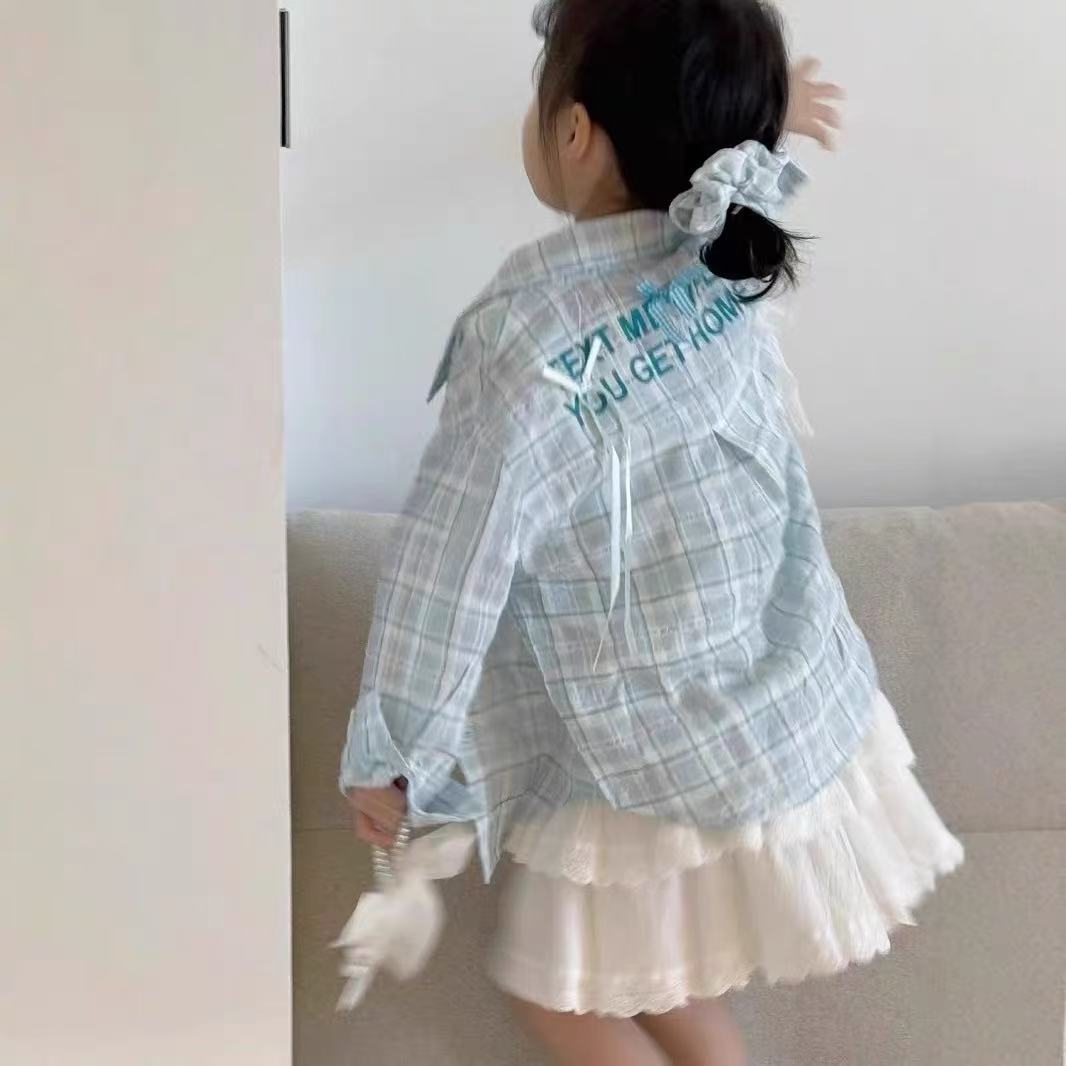 XZM-1535-儿童时尚百搭格子蝴蝶结衬衫真两件套装（春款）