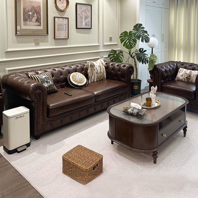 美式真皮沙发大巴顿直排三人位实木沙发复古拉扣沙发头层牛皮N299