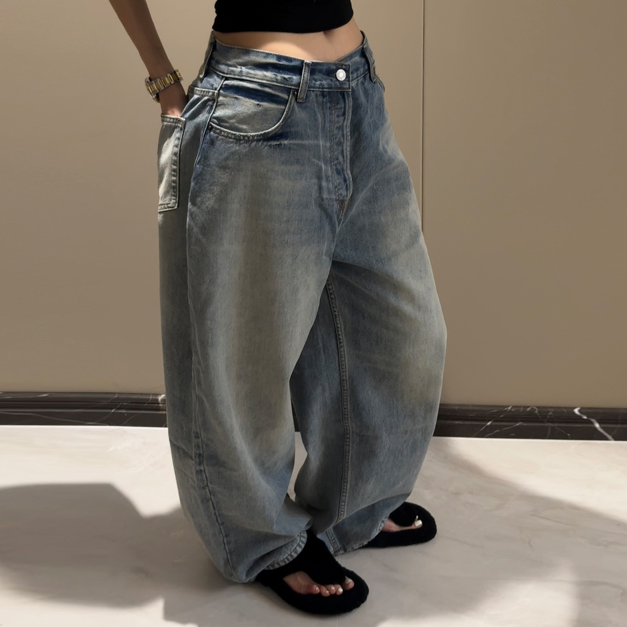 “韩女出街”阔腿宽松牛仔裤四季女直筒弯刀复古蓝色显瘦长裤