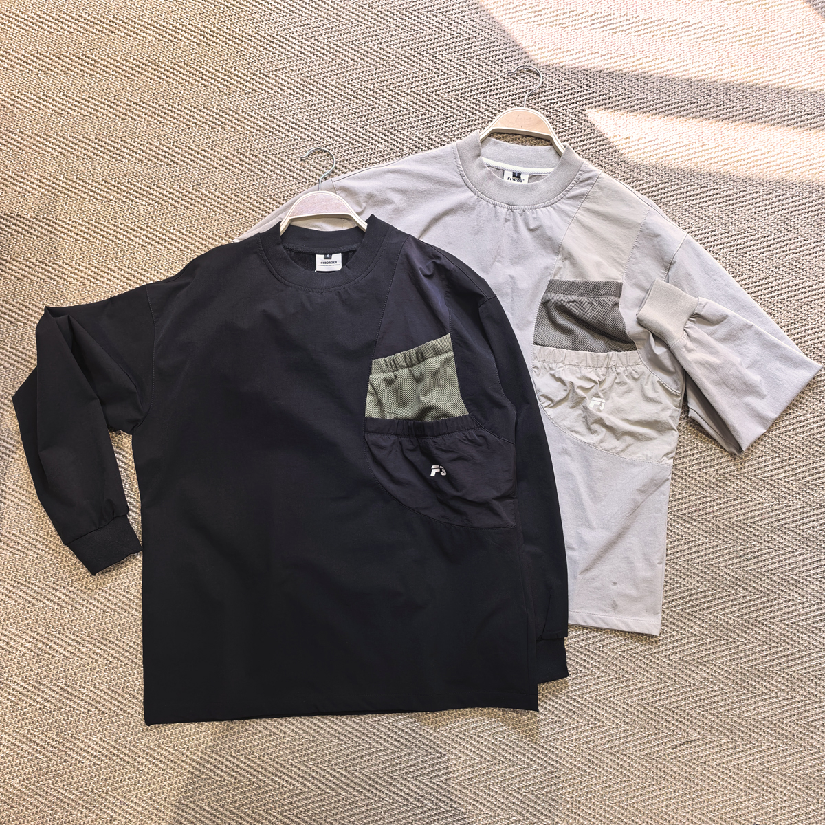 个性口袋山系户外速干体恤露营徒步休闲宽松圆领男女长袖T恤弹力