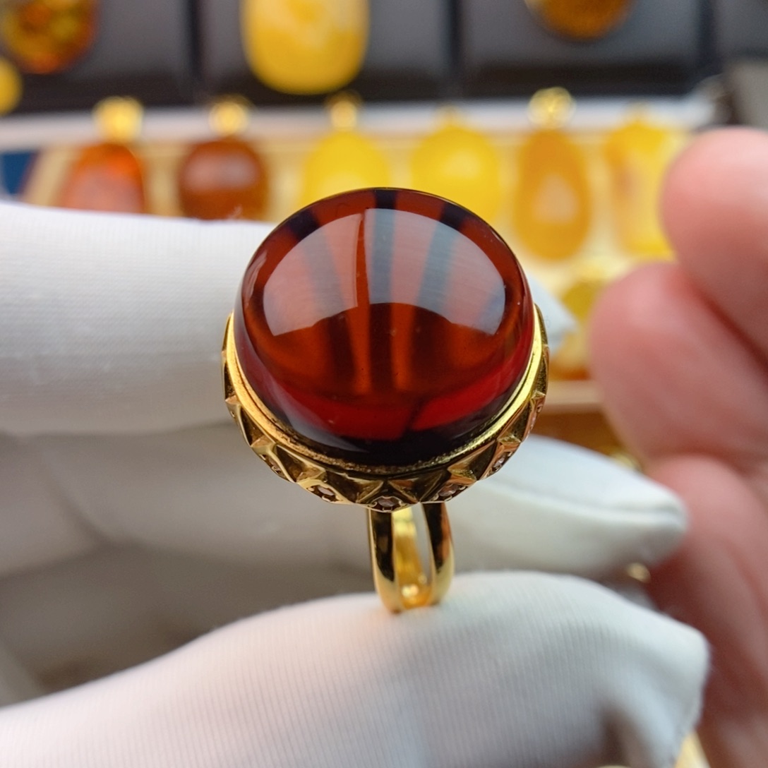 琥珀戒指银S925镀金镶嵌