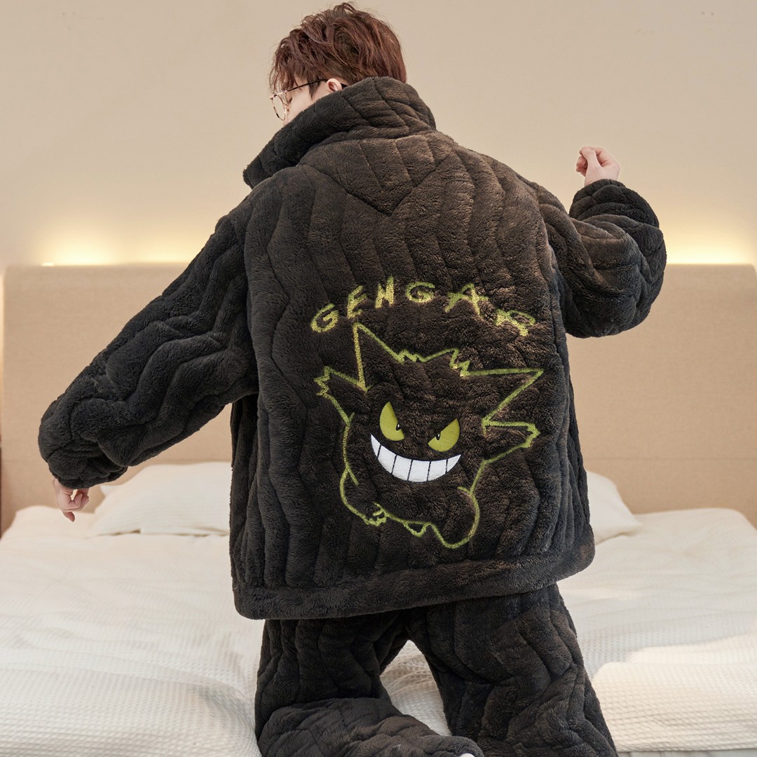 加厚加绒睡衣男款2025珊瑚绒三层夹棉秋冬款青少年大码家居服套装