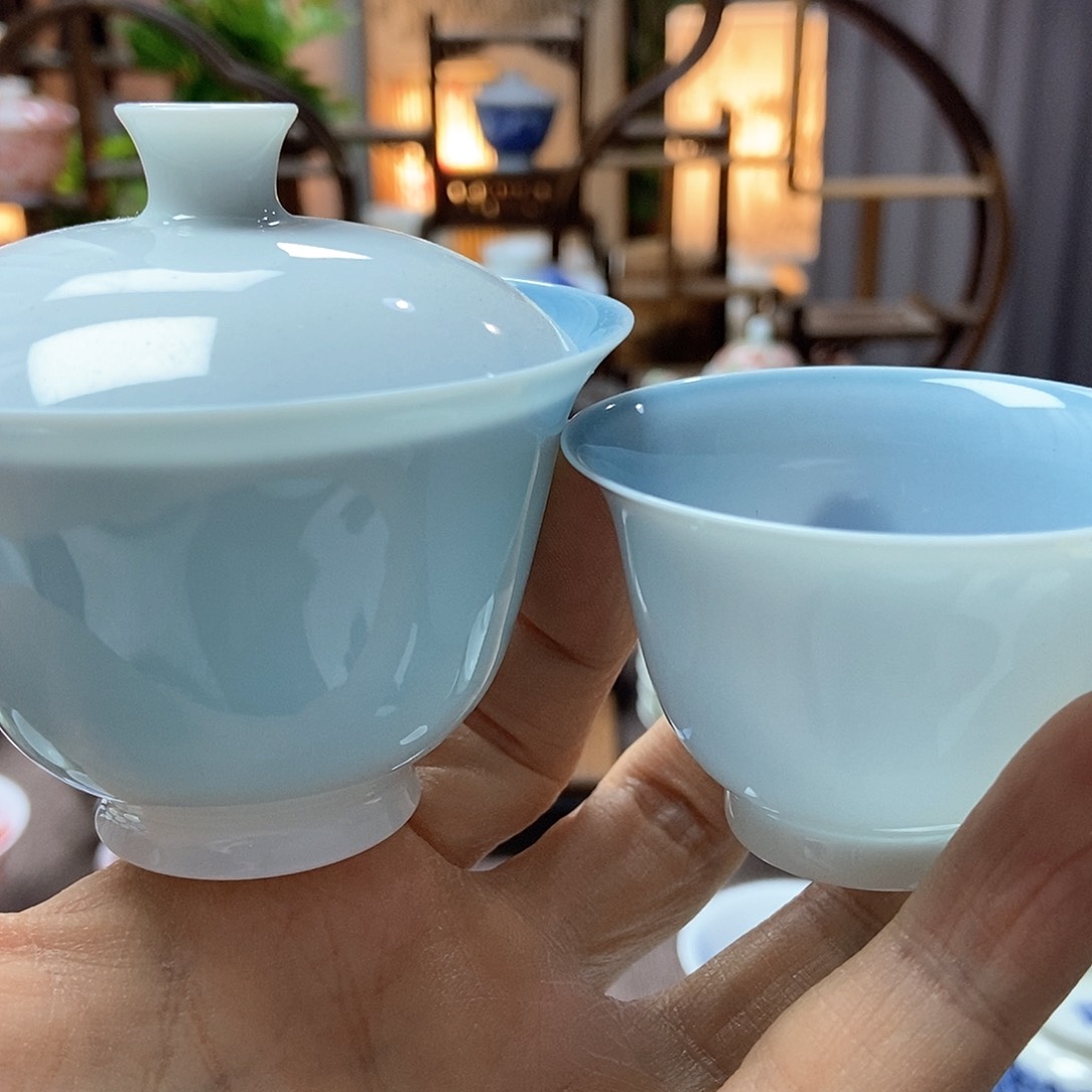 质**华微瑕脱胎瓷高温手工超薄胎高温颜色釉蓝颜套组