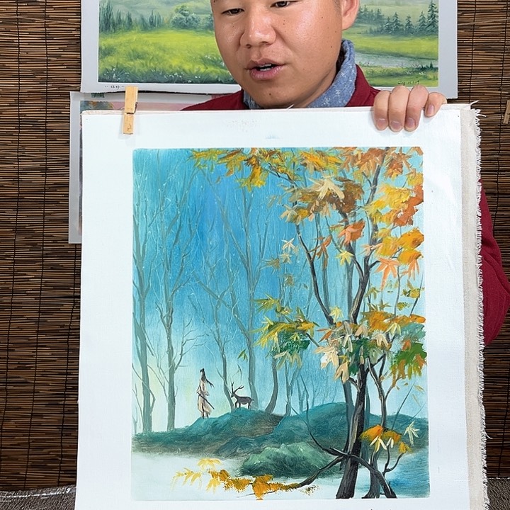 油画行路人小院绘画作品