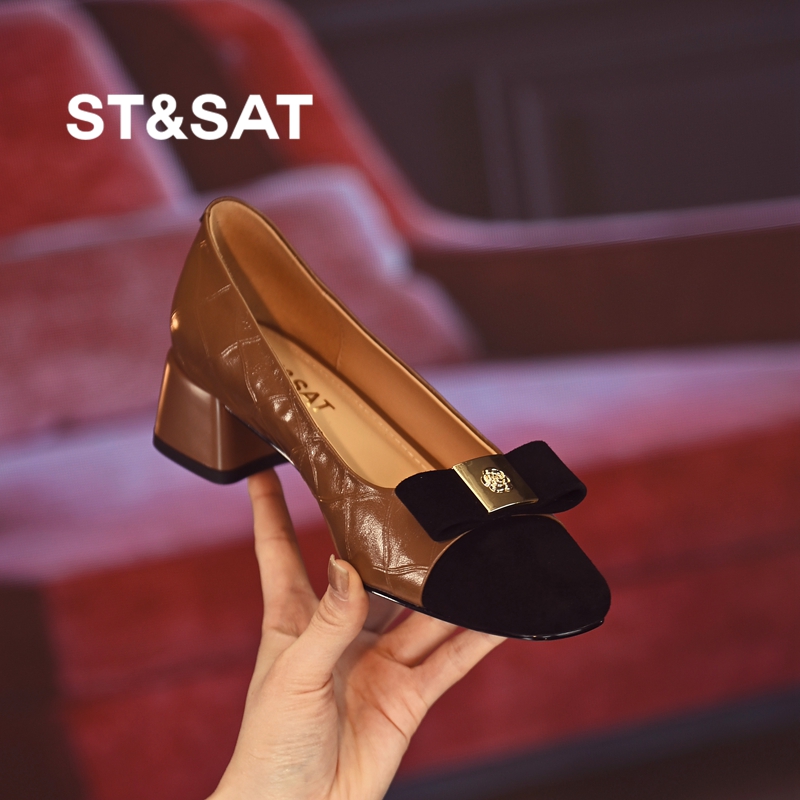 星期六真皮拼接小高跟鞋女2025年春季新款浅口圆头单鞋粗跟宴会鞋