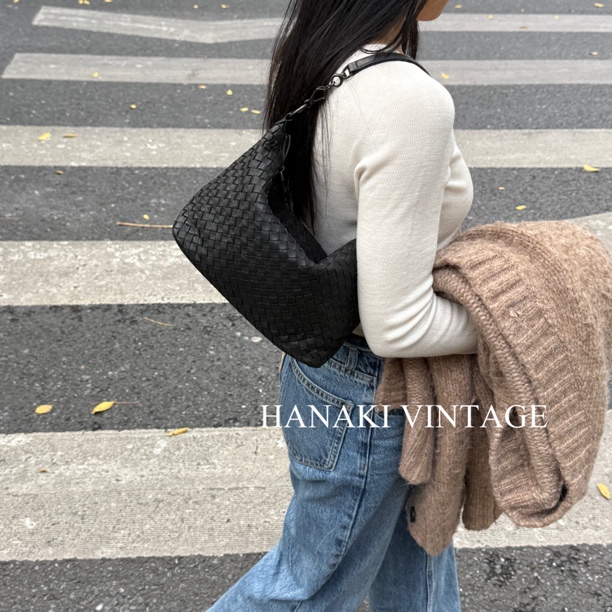 95新 BOTTEGA VENETA/葆蝶家 花绮中古/BV小号黑色编织饭盒腋下包