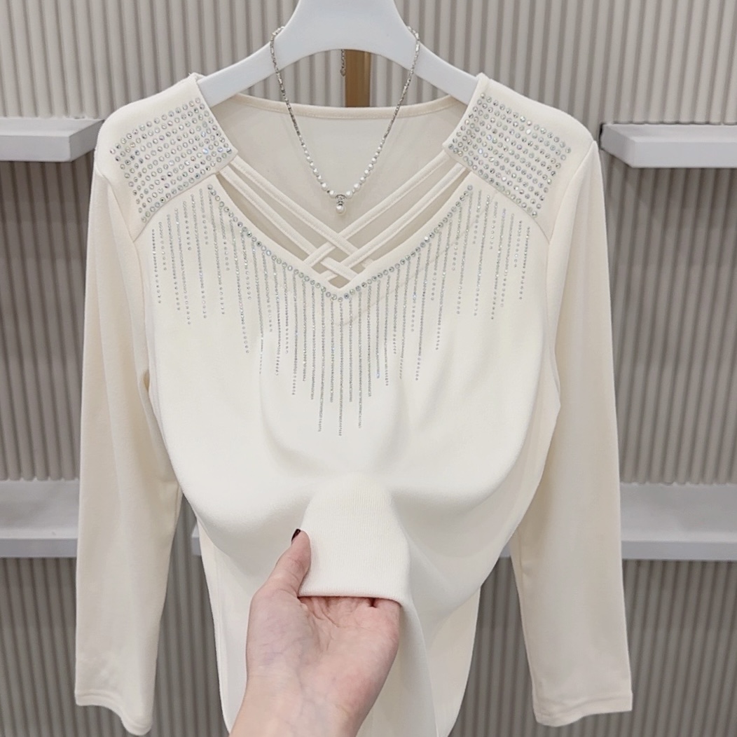 春季新款大码交叉V领烫钻显瘦宽松气质时尚减龄上衣打底