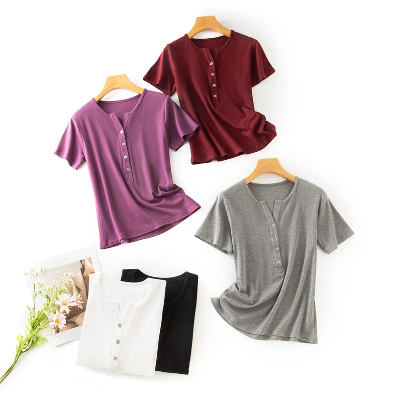 美式复古夏季纯色百搭时尚亨利领显瘦短袖T恤