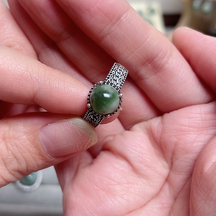 透闪石-蛇纹石玉戒指银S925镶嵌