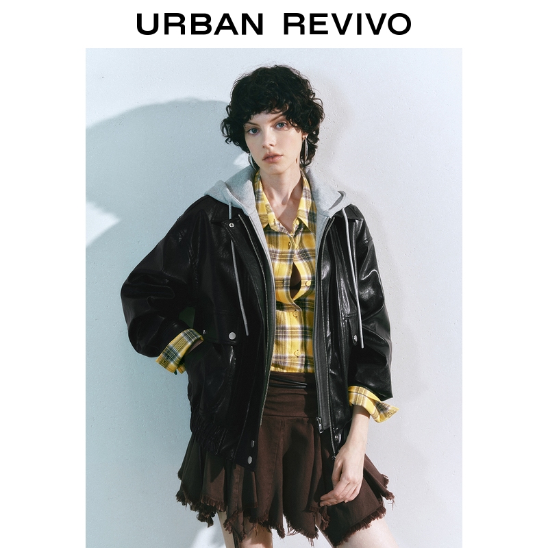 UR2025冬季新款女复古摩登撞色连帽皮衣外套UYL150030+
