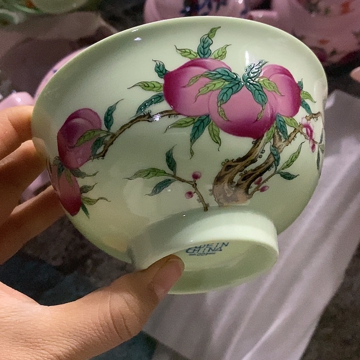 摆件陶5寸绿稀土寿桃碗