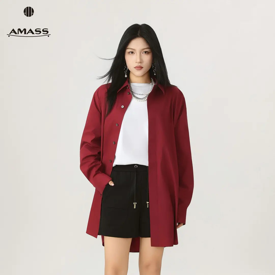 AMASS/阿玛施 新款纯色衬衣时尚宽松安克拉红设计感衬衫5301110