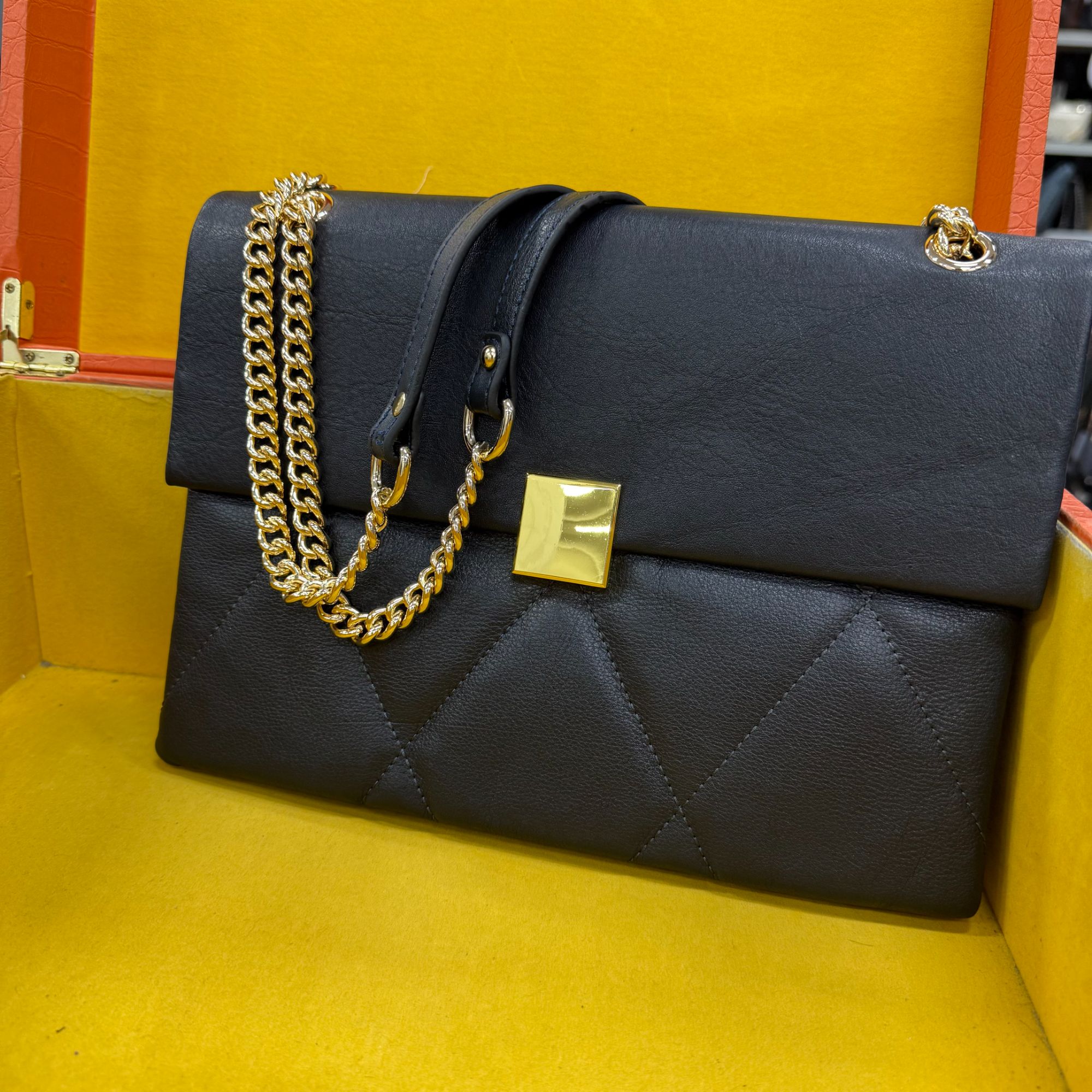 绿谷6005深蓝色时尚百搭单肩腋下女包菱格牛皮包包链条单肩斜挎包