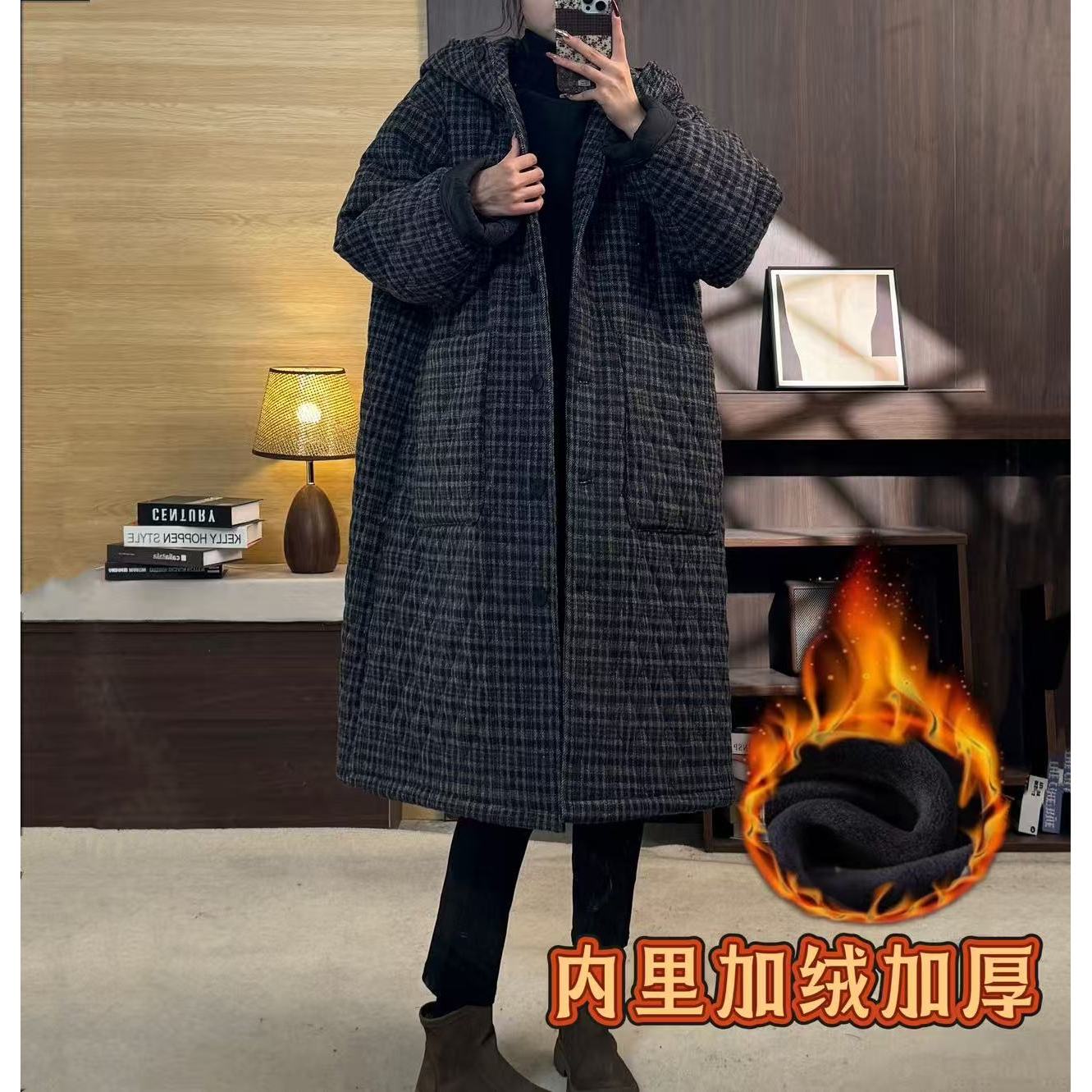 【璐璐家】冬季新款复古棉麻文艺格子连帽棉服大码宽松加厚保暖外套